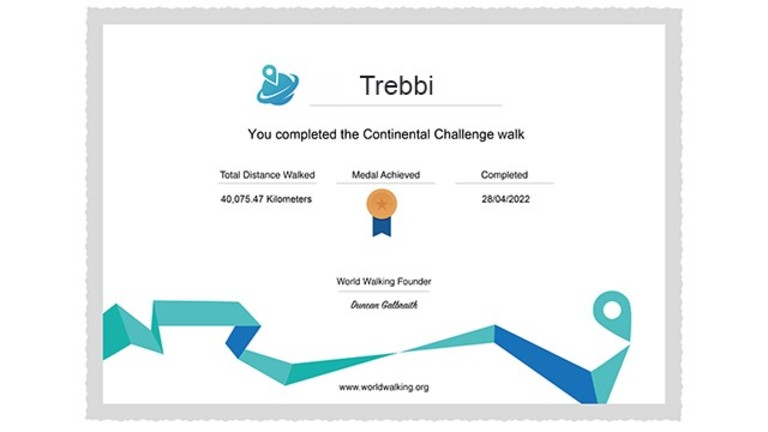 Trebbi completed the Continental Challenge walk